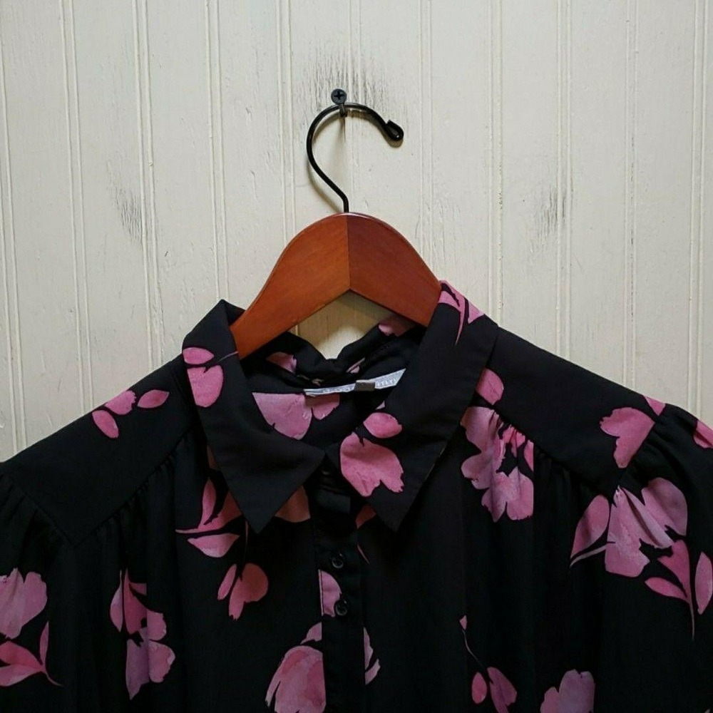 Daniel Rainn Blouse Womens Large Black Collared Long Balloon Sleeve Floral Top